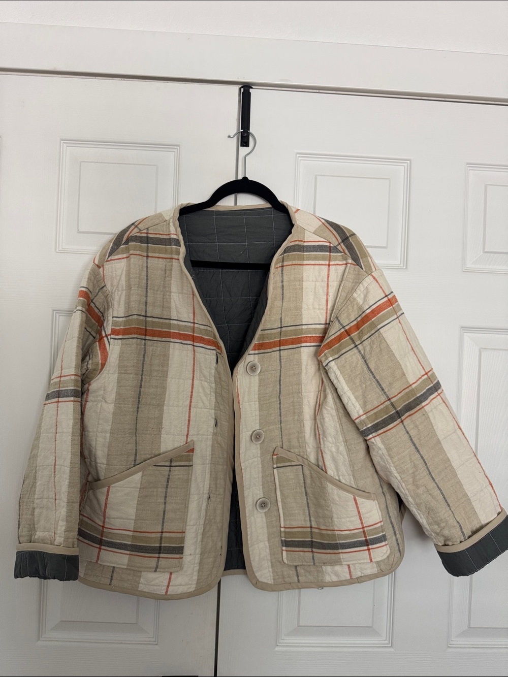 Hand Quilted Plaid Button-Front Jacket in Beige